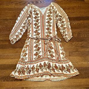 LOFT Floral Orange & Beige Dress with Tie Belt - Size Small